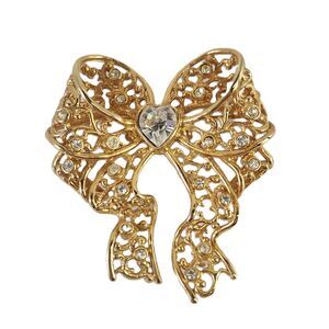 Filigree Bow Brooch Pin Swarovski Crystal Smithsonian Avon VTG Costume Jewelry